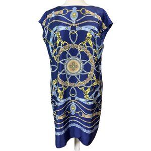 J. McLaughlin Sleeveless Althea Boatneck Lined Shift Dress Blues Golds Medium